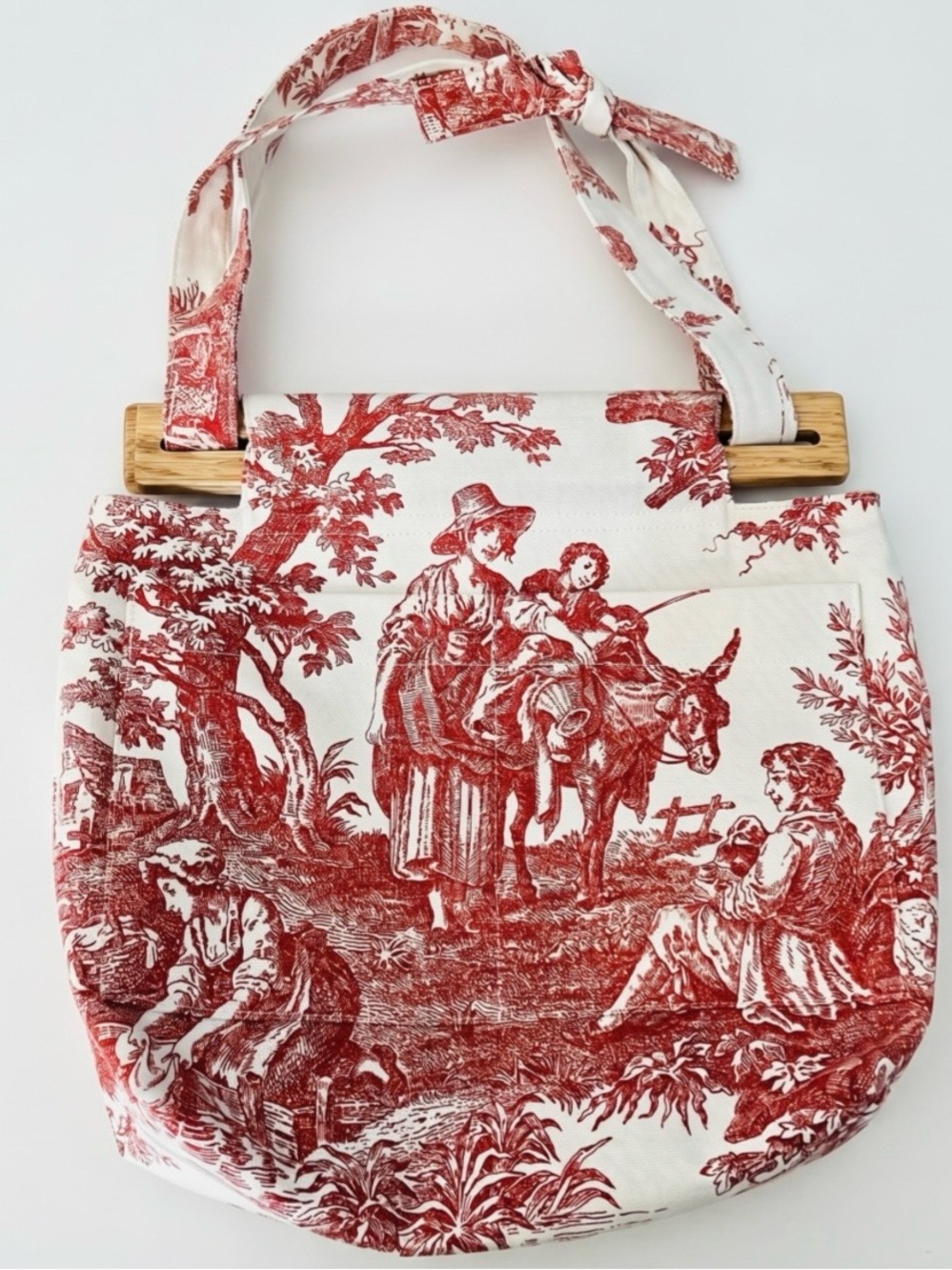Red Toile Print Canvas Tote Bag with Wooden Handles